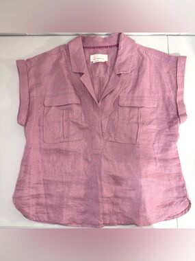 Anthropologie 100% Linen Pink Blouse Pocket Top Short Sleeve S